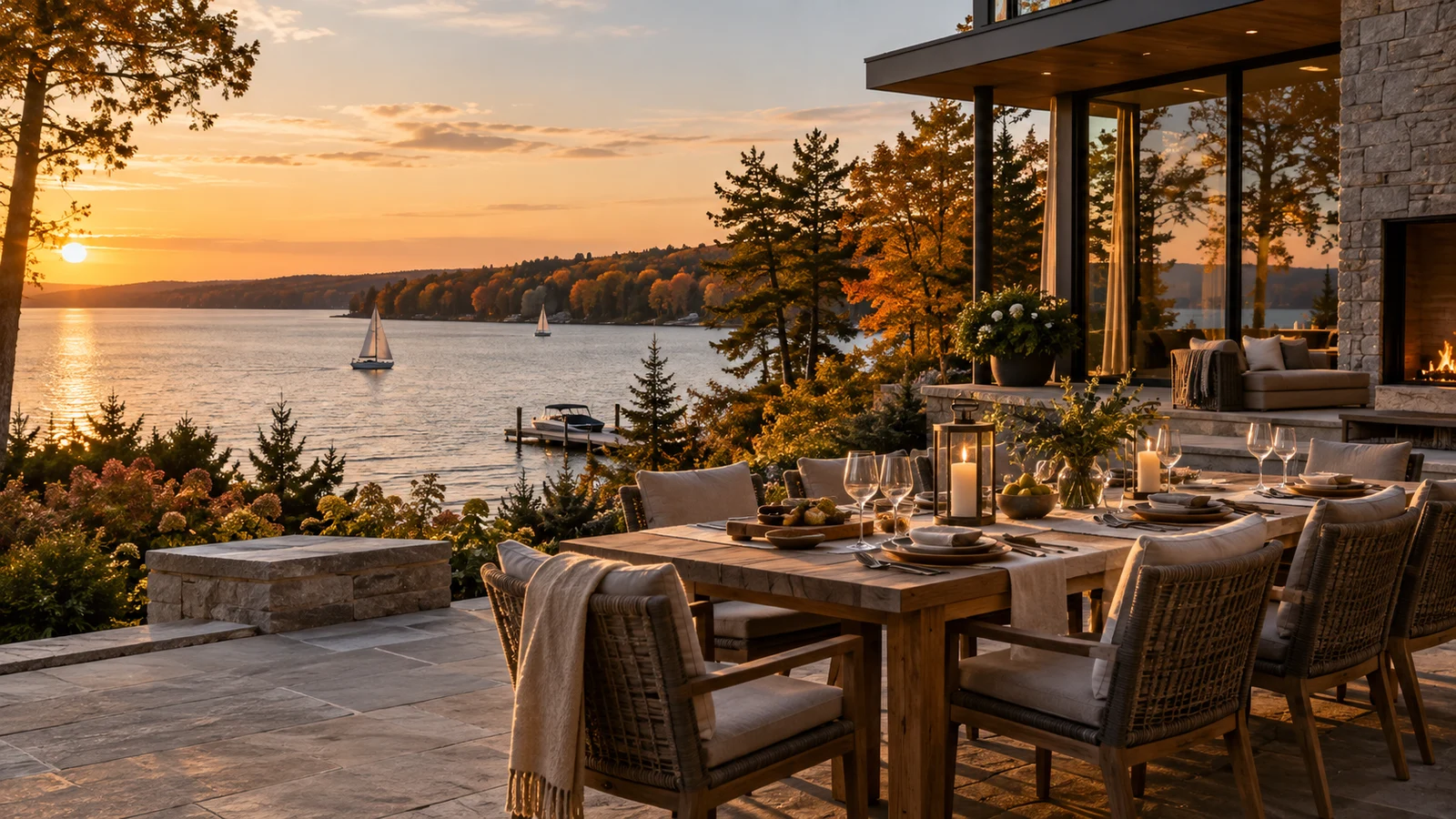 A refined lakefront Michigan home with an outdoor dining table at sunset
